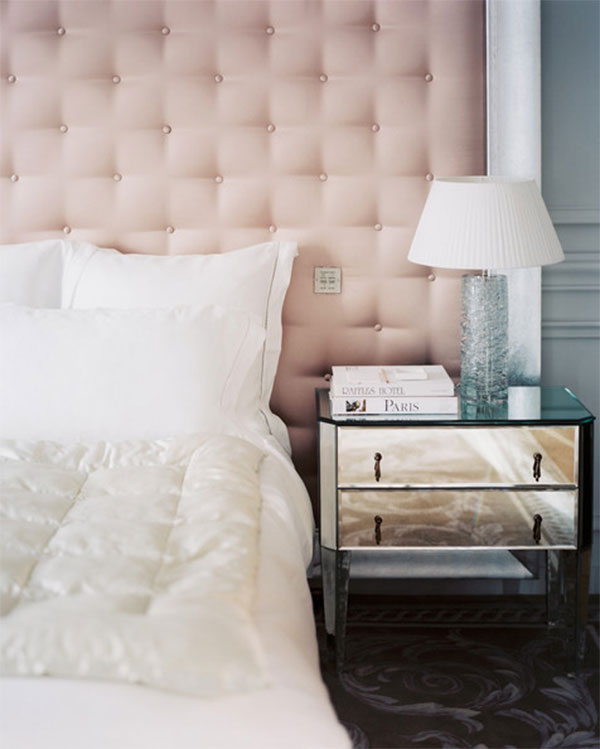 {décor inspiration : pink tufted satin & mirrored beside tables}