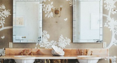 House Beautiful -- The master vanity with hand-painted wallpaper.