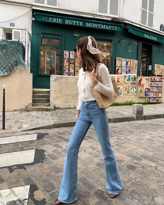 Style File | Mini Trend: Flared Blue Jeans & a Silk Hair Scarf for October Days